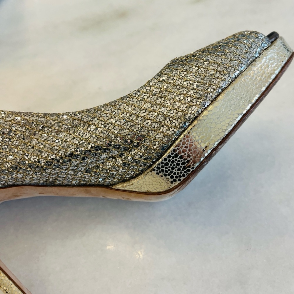 Jimmy Choo 38.5 8.5 Nova Champagne Glitter Gold Silver Peep Toe Sling Back Heels - Picture 12 of 12